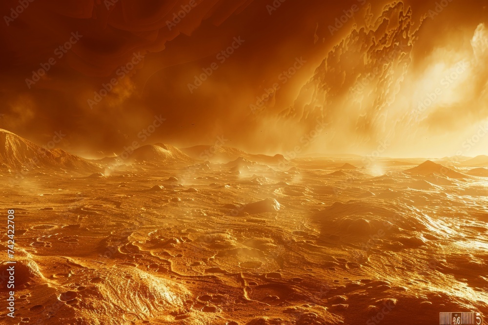 Venus' surface as imagined from a spacecraft descending through its hostile atmosphere, showing volcanic plains and potential signs of ancient lava flows, bathed in a foreboding light - obrazy, fototapety, plakaty 