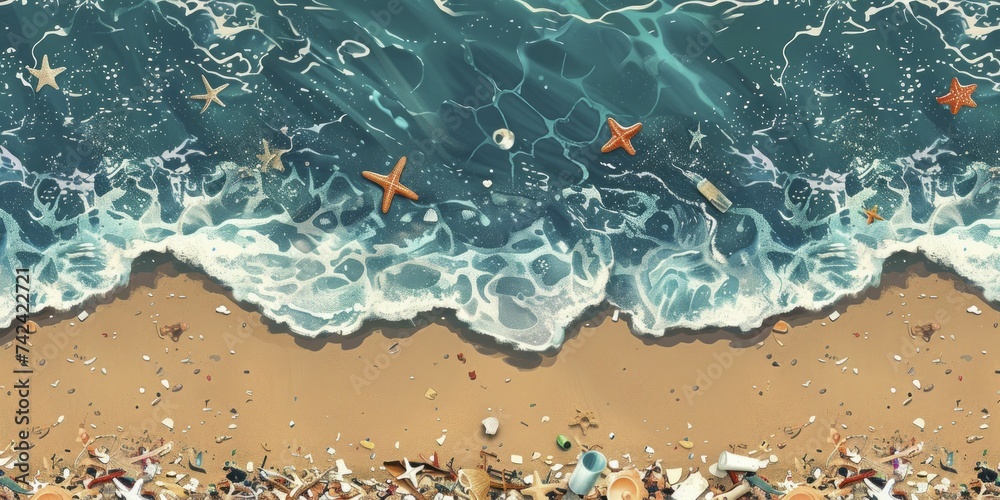 Beach pollution trash pattern, marine debris, environmental warning