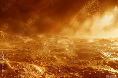Venus' surface as imagined from a spacecraft descending through its hostile atmosphere, showing volcanic plains and potential signs of ancient lava flows, bathed in a foreboding light photo