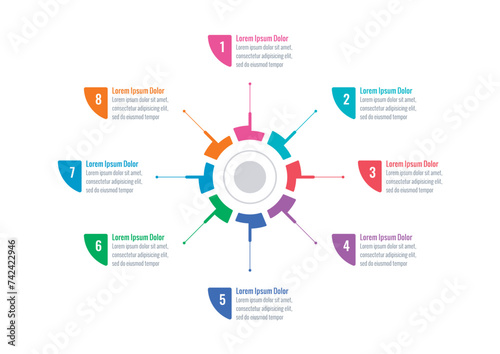 infographic template for industry, business, technology, science. circular infographic template. eight steps briefing template. infographic template for annual report, magazine
