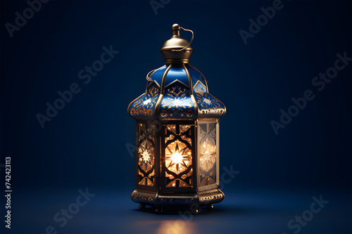 ramadan khanas hanging lamp lamp and crescent on blue background ai generative photo