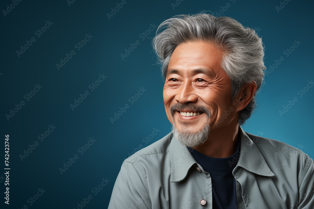 Portrait of a smiling oriental man looking at 45 degrees in profile on a solid dark blue background Portrait of a smiling oriental man looking at 45 degrees in profile on a solid dark blue background