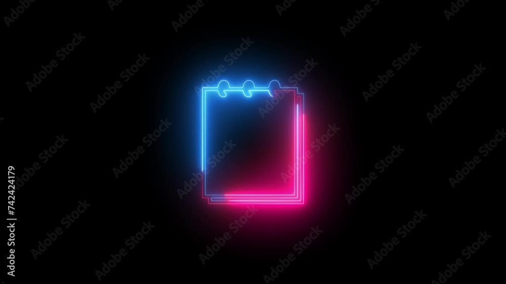 Neon notebook icon blue pink color animation black background Neon notebook icon blue pink color animation black background
