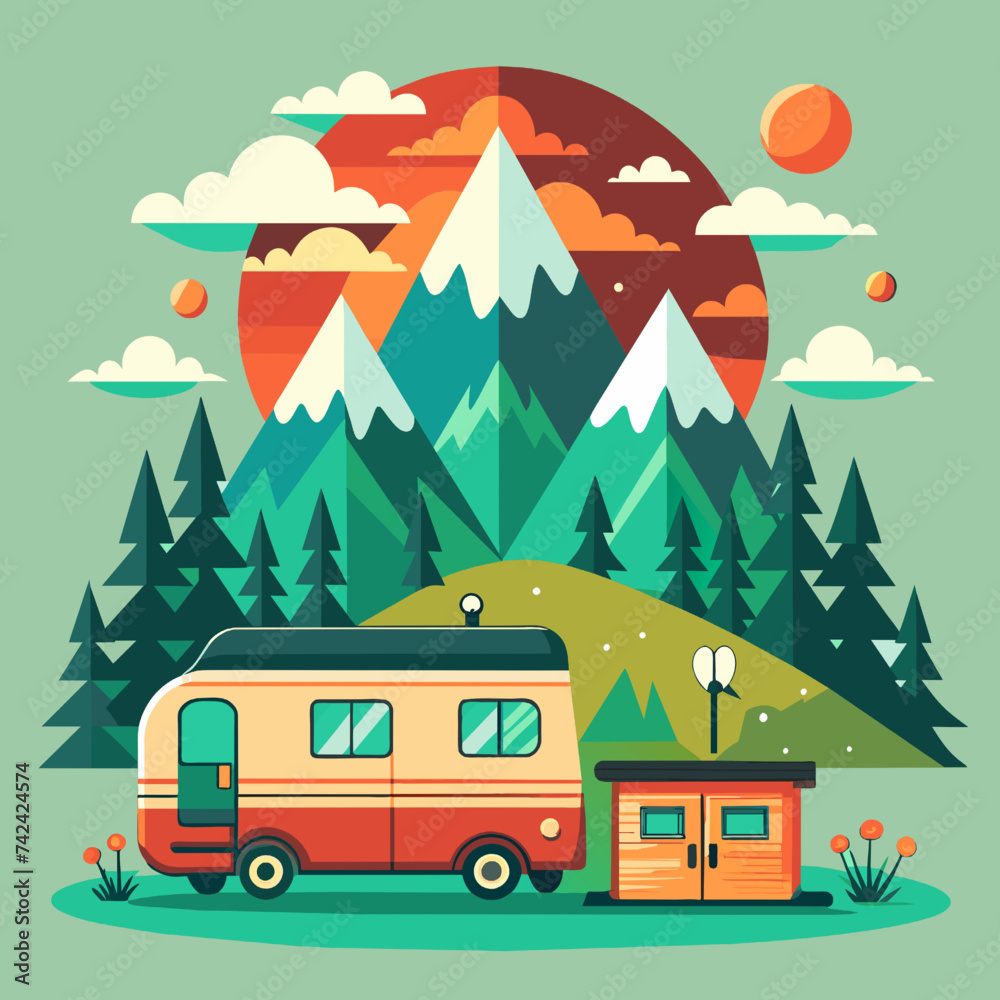 Camping trailer in the mountains. Vector illustration in flat style.