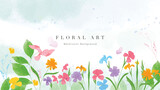 Spring floral art background vector illustration. Watercolor hand painted botanical flower, leaves, insect, butterflies. Design for wallpaper, poster, banner, card, print, web and packaging.