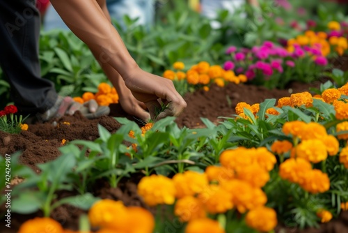 person planting marigolds in a vibrant garden bed