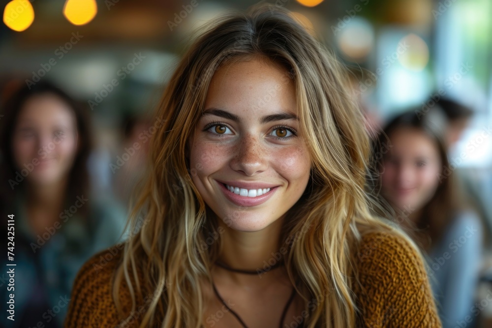 Radiant Young Woman with Sparkling Bokeh Lights in Background.