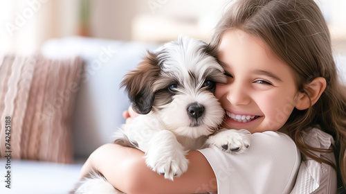 Portrait of a happy cute little girl hugging her beloved shaggy puppy at home. Child and dog friendship concept