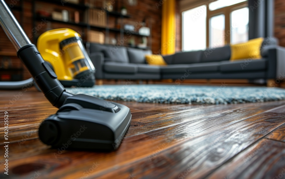 A detailed view of a vacuum cleaner standing on a wooden floor