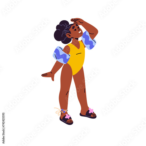 Happy kid in arm floaties looking away. Child in inflatable armbands stands. Girl in one piece swimsuit looks up. Summer vacation on sea beach. Flat isolated vector illustration on white background