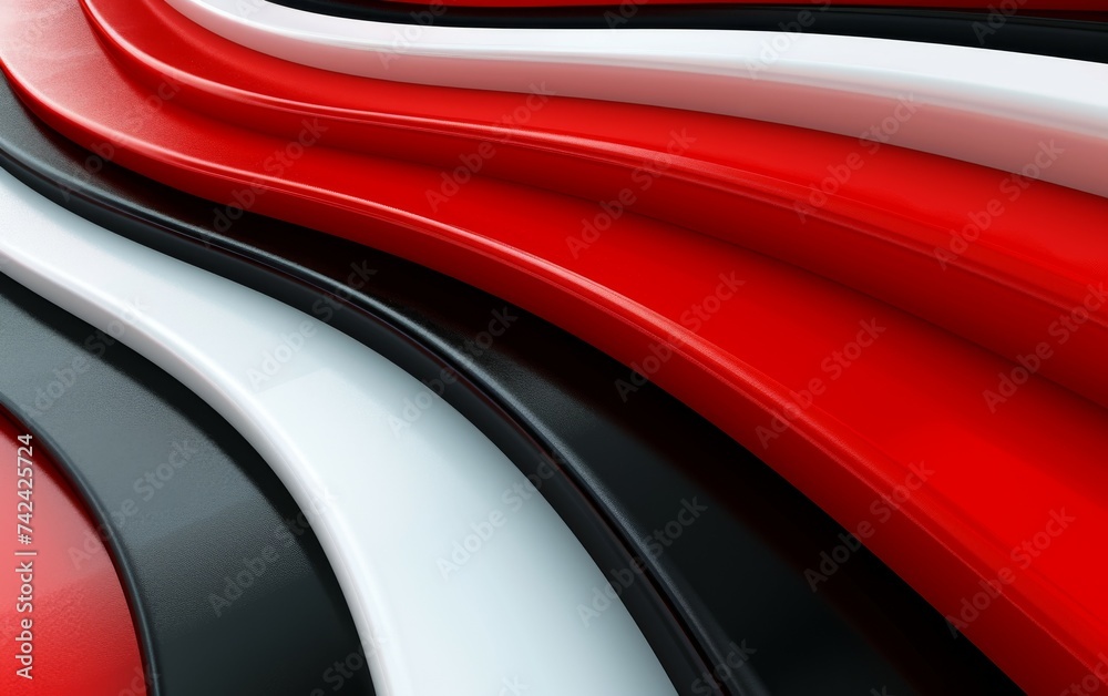 A detailed view of a red, white, and black car showcasing its vibrant colors and sleek design