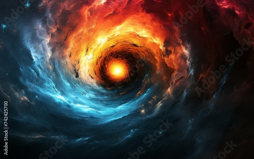 A vibrant spiral with various colors converging towards a bright, illuminating light at the center