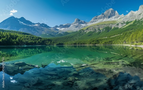 A lake nestled among towering mountains and lush trees, creating a serene natural landscape