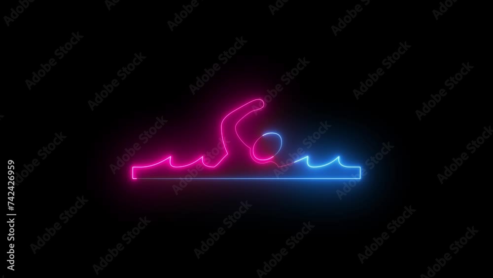 Neon swimming icon blue pink color animation black background Neon swimming icon blue pink color animation black background