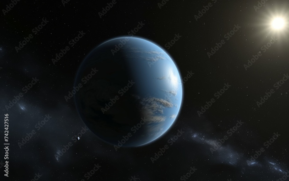 A digital artwork showcasing a distant planet floating in the vastness of space, with detailed surface features and swirling clouds