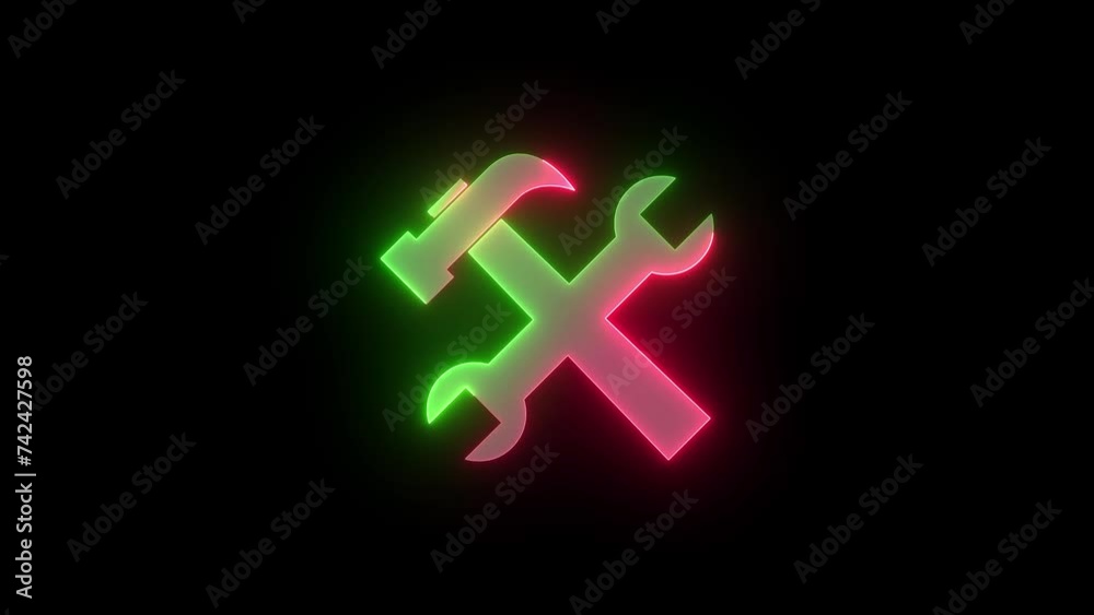 Neon tools icon green red color animation black background Neon tools icon green red color animation black background