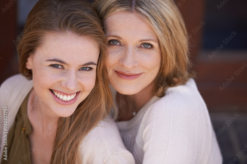 Loving, family and portrait mother and daughter smiling for happy, joyful and relax on vacation. Women, face and affectionate in relationship, security and bonding in America at home for connection Loving, family and portrait mother and daughter smiling for happy, joyful and relax on vacation. Women, face and affectionate in relationship, security and bonding in America at home for connection