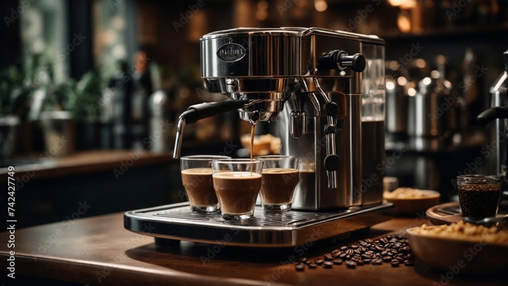 Barista espresso machine close up. Shiny steel espresso machine pouring coffee. Barista espresso machine close up. Shiny steel espresso machine pouring coffee.
