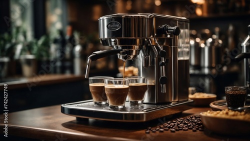 Barista espresso machine close up. Shiny steel espresso machine pouring coffee. 