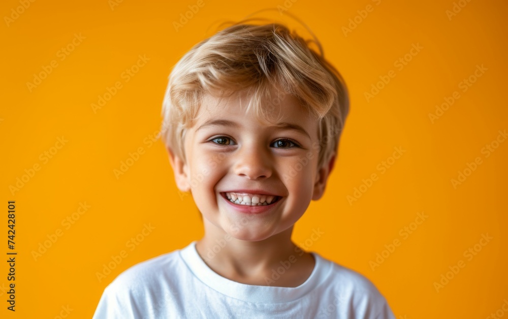 A portrait of a young multiracial boy with blonde hair smiling directly at the camera A portrait of a young multiracial boy with blonde hair smiling directly at the camera