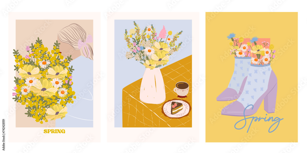 Collection of Retro Spring posters. Spring art posters. Floral Poster template. Interior posters set. Inspiration posters. Editable vector illustration. Collection of Retro Spring posters. Spring art posters. Floral Poster template. Interior posters set. Inspiration posters. Editable vector illustration.