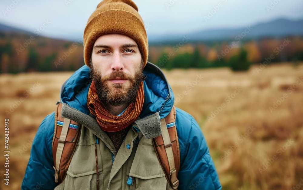 A multiracial man with a beard wearing a blue jacket and a brown hat