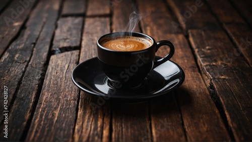 Cup of hot coffee, on rustic wooden surface. Hot coffee, chocolate. Fresh. Black cup.