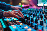 A DJ's hand fine-tuning the sound levels on a professional audio mixer console during a live session.
