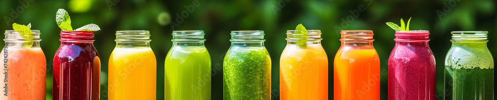 A vibrant selection of freshly blended fruit and vegetable juices, each garnished with a mint leaf, against a lush green background. A vibrant selection of freshly blended fruit and vegetable juices, each garnished with a mint leaf, against a lush green background.