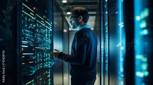IT professional in glasses using a tablet to configure servers in a modern data center at night.