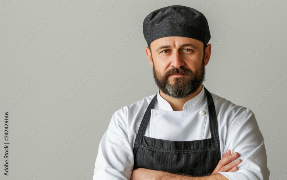 A multiracial man with a beard is wearing an apron A multiracial man with a beard is wearing an apron