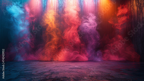 Futuristic empty stage with smoke and light effects. 3d rendering