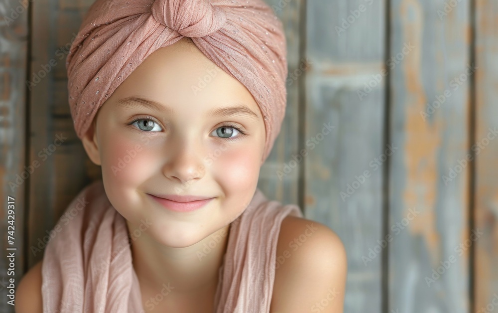 A young girl with a multiracial background is happily smiling while wearing a vibrant pink turban A young girl with a multiracial background is happily smiling while wearing a vibrant pink turban