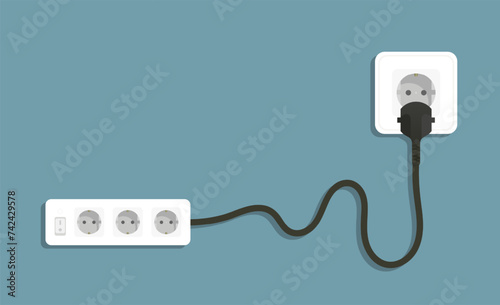 Surge protector plugged into socket. Wire, cable, on off button, adapter, three port 3, electricity, wiring, communications, lighting, power, in out, electrical appliance, charge. Vector illustration