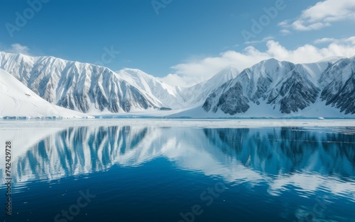 The image shows a vast body of water surrounded by snow-capped mountains, creating a stunning winter landscape