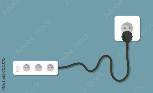 Surge protector plugged into socket. Wire, cable, on off button, adapter, three port 3, electricity, wiring, lighting, power, in out, electrical appliance, charge, shadow on wall. Vector illustration