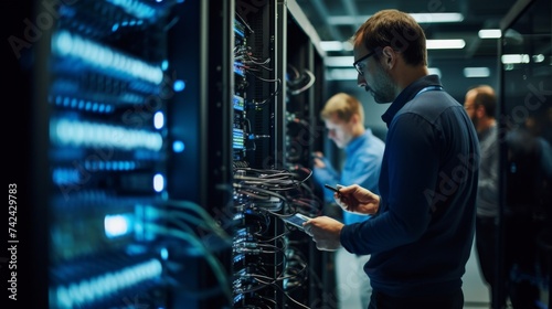 Network engineers maintaining servers in a data center, showcasing teamwork, technology, and connectivity.