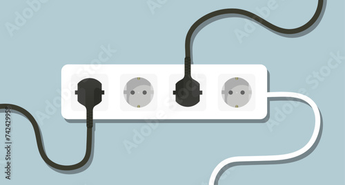 Surge protector with plugged in plugs. Wire, socket, cable, adapter, four ports, 4, electricity, wiring, lighting, power, in out, electrical appliance, charge, shadow on wall. Vector illustration