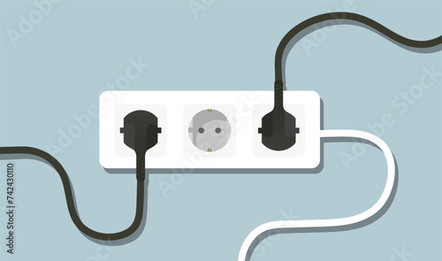 Surge protector with plugged in plugs. Wire, socket, cable, adapter, three ports, 3, electricity, wiring, lighting, power, in out, electrical appliance, charge, shadow on wall. Vector illustration