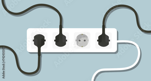 Surge protector with plugged in plugs. Wire, socket, cable, adapter, four ports, 4, electricity, wiring, lighting, power, in out, electrical appliance, charge, shadow on wall. Vector illustration