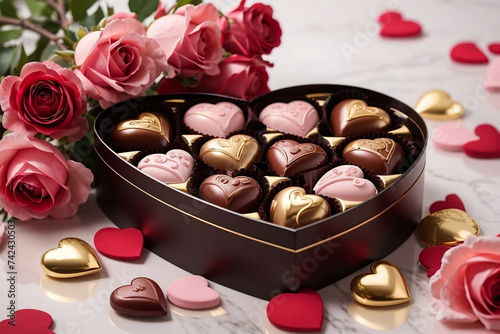 Valentine's Day Heart-Shaped Gift Box of Chocolates and Red Roses.