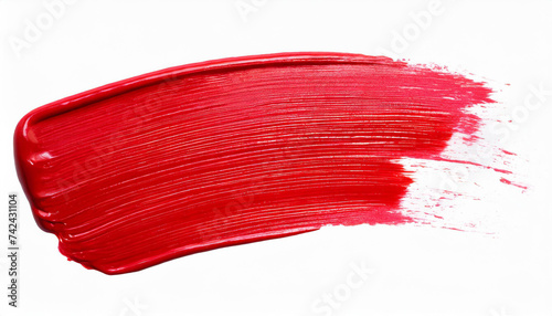 Hand painted stroke of red paint brush isolated on white background photo