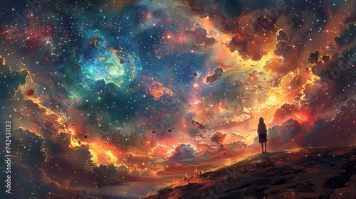 A lone figure stands on a hill, gazing at a spectacular cosmic vista where vibrant nebulas, stars, and galaxies paint the sky in a kaleidoscope of colors. Firey orange and cool blue interstellar cloud © Pui