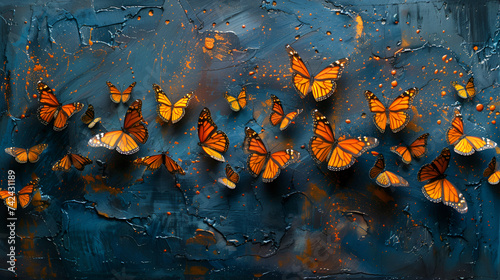 A painting of butterflies on a blue wall Colorful Realism Dark Orange And Dark Aquamarine Butterflies Graffiti Wallpaper Ai Generative