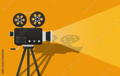 Turned on video camera with two rolls of tape, shadow in the background. Film, cinema, director, movie, set, tripod, equipment, lens, reel, projector, transparent light. Vector illustration