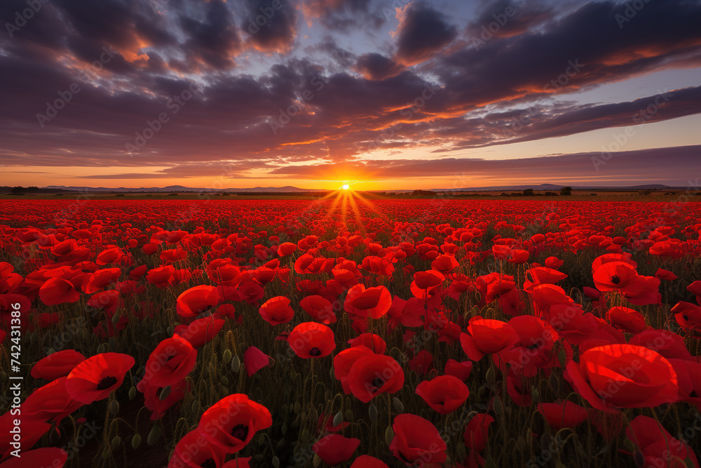 Radiant spring sunset over a vibrant field of red poppies. The sun sets in a splendid show of light and color, casting a warm glow over a blossoming field of red poppies