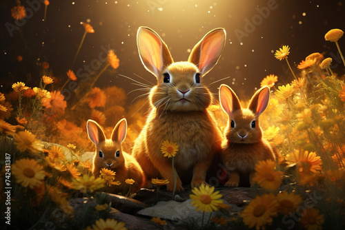 Lovely scene of three rabbits amidst dandelions, with the warm glow of a sunrise or sunset illuminating a vibrant springtime environment. © Jsanz_photo