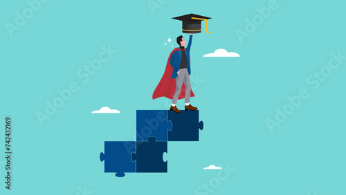 success step to achieve higher education, cost to graduate high degree education, the way to achieve high education, student standing at the top of the stairs from puzzle while carrying graduation cap