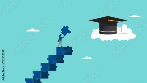 high education, success step to achieve higher education, cost to graduate high degree education, the way to achieve high education, people making ladder from puzzle going to graduation cap photo