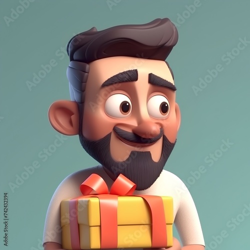 3d illustration of a man with a beard holding a gift box